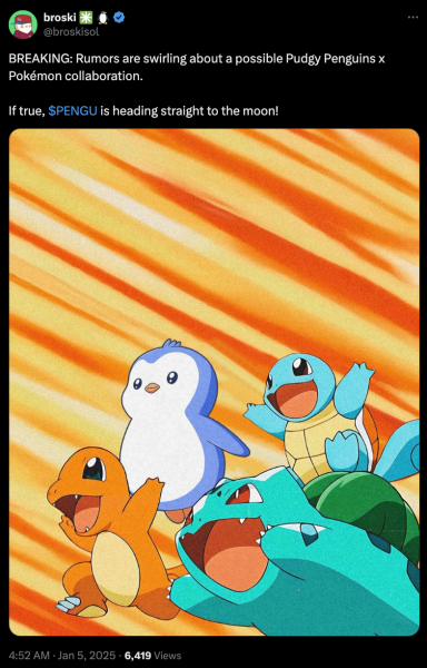 
			Цена PENGU растет на фоне слухов о коллаборации с Pok&eacute;mon		