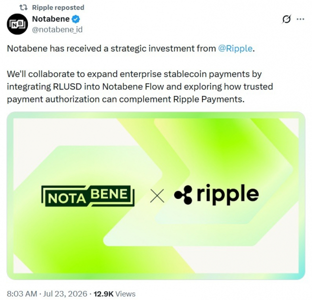 
			Ripple инвестирует в Notabene с целью расширения возможностей расчетов с использованием стейблкоина RLUSD для финансовых учреждений		