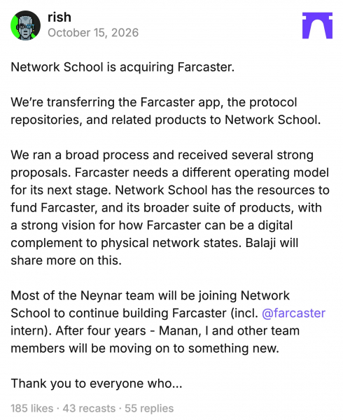 
			Network School Баладжи Сринивасана приобрела Farcaster		